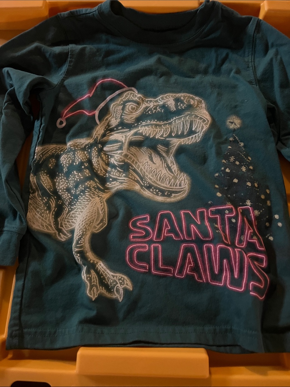 Kids Teal 'Santa Claws' Dinosaur Holiday Long-Sleeve Tee